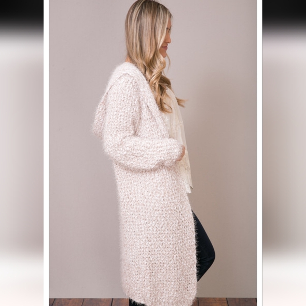 Women's POL Beige/White Eyelash Hooded Open Front Cardigan Sweater Size M. - Picture 3 of 7